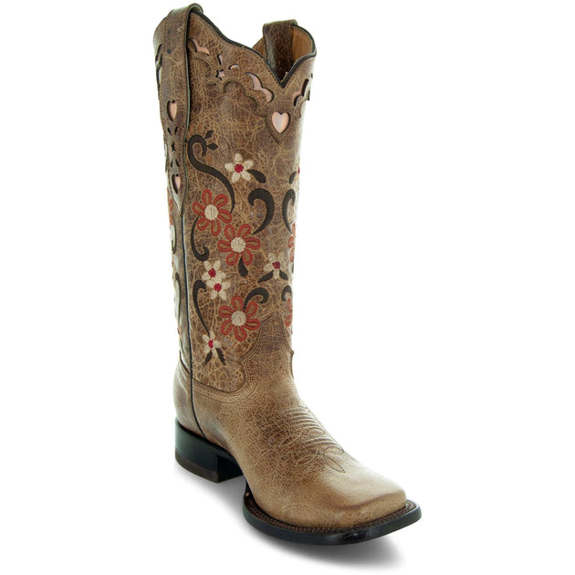 Women's Floral Embroidery Cowgirl Square Toe Boots ( Tan )