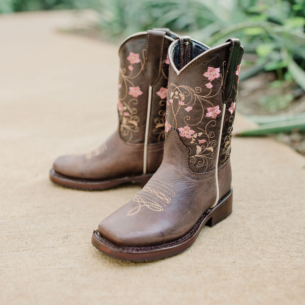 Soto Boots K3008 Girls Brown Floral Square Toe Cowboy Boots Soto Boots